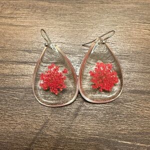 Clear Teardrop Earrings with pressed Red Flower